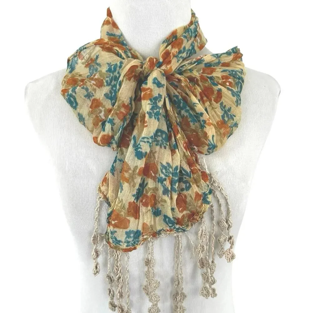 Boho Floral Tassel Scarf Belt Wrap Cream Rust Teal Fringe Lightweight Shawl